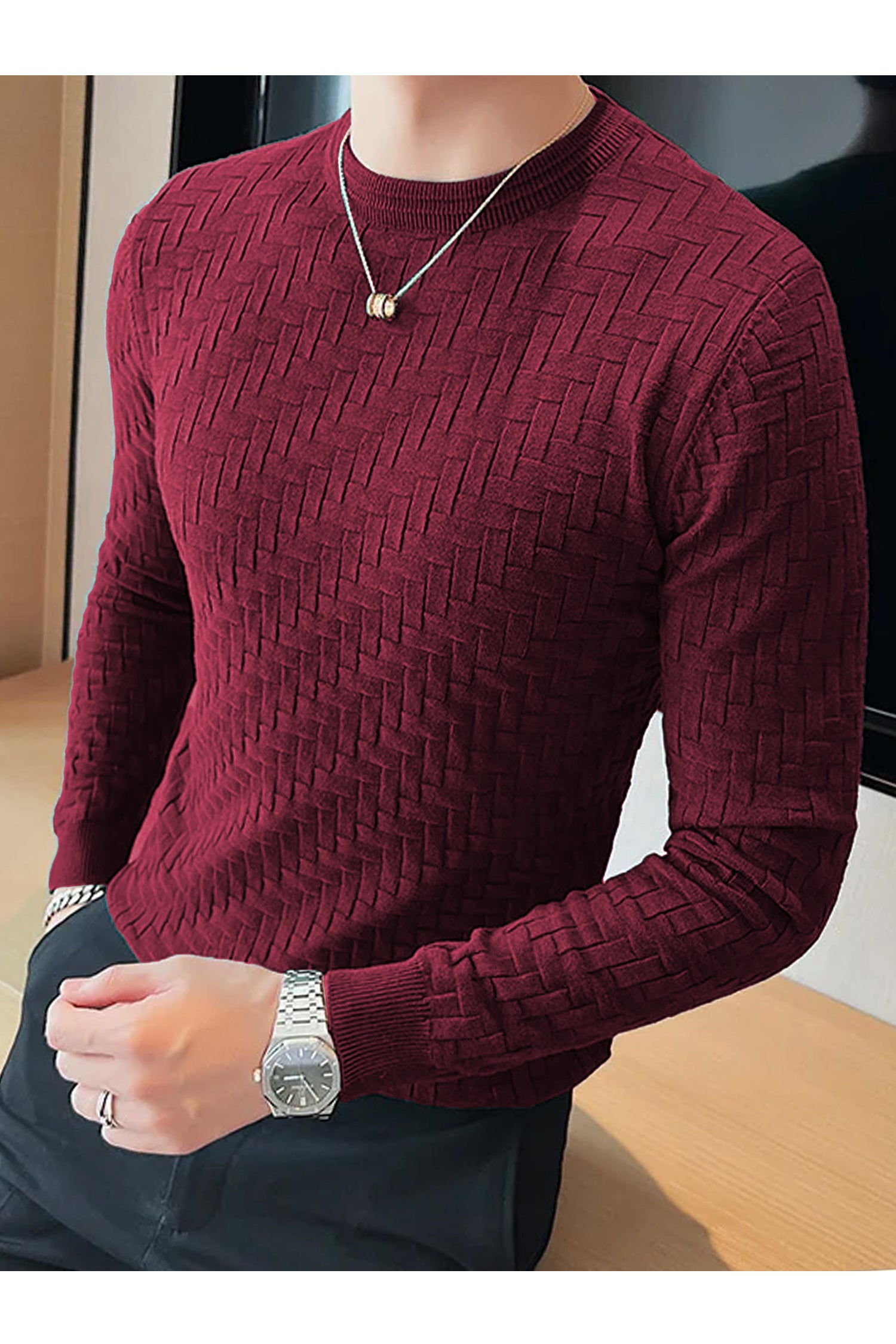 Mountain Friendly Cable Knit Sweater Style Crew Neck Men's Sweatshirt