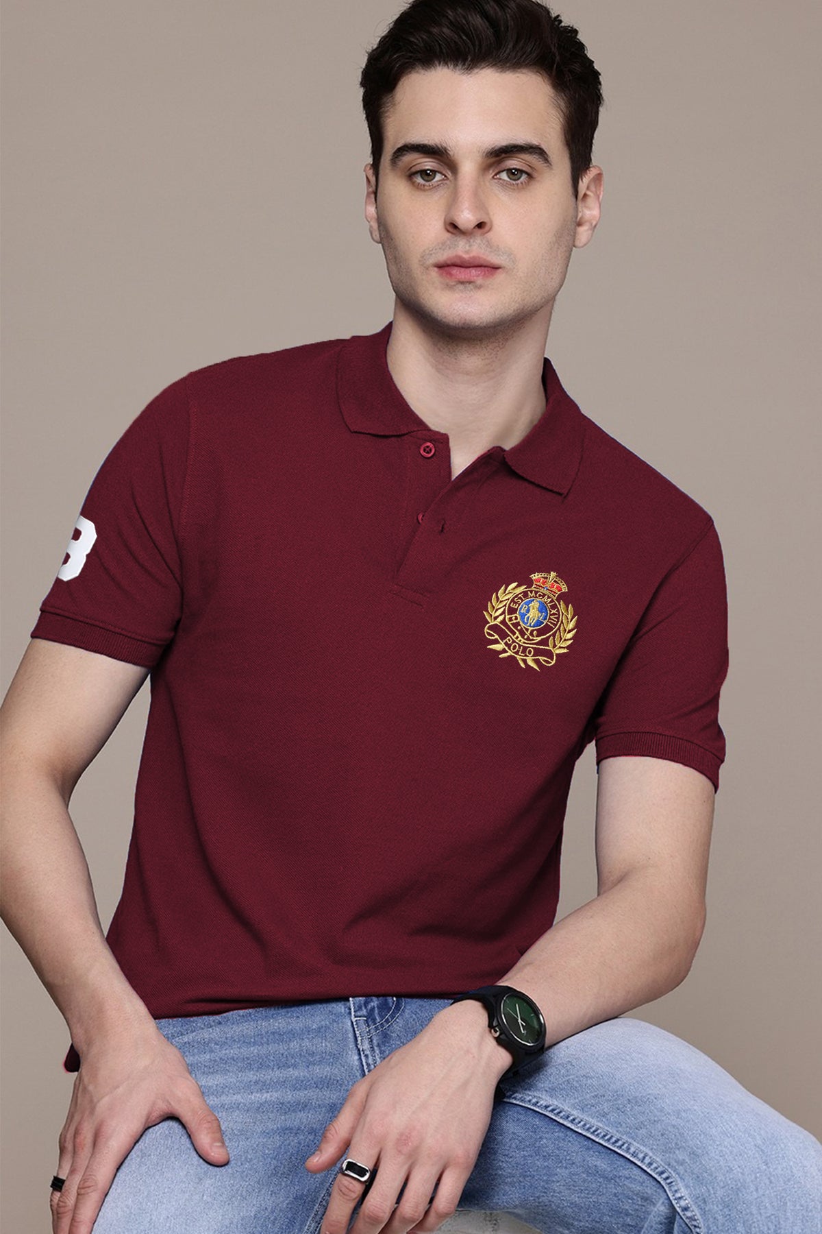 Rph Lren Polo Crest Badge Men's Polo Shirt In Maroon