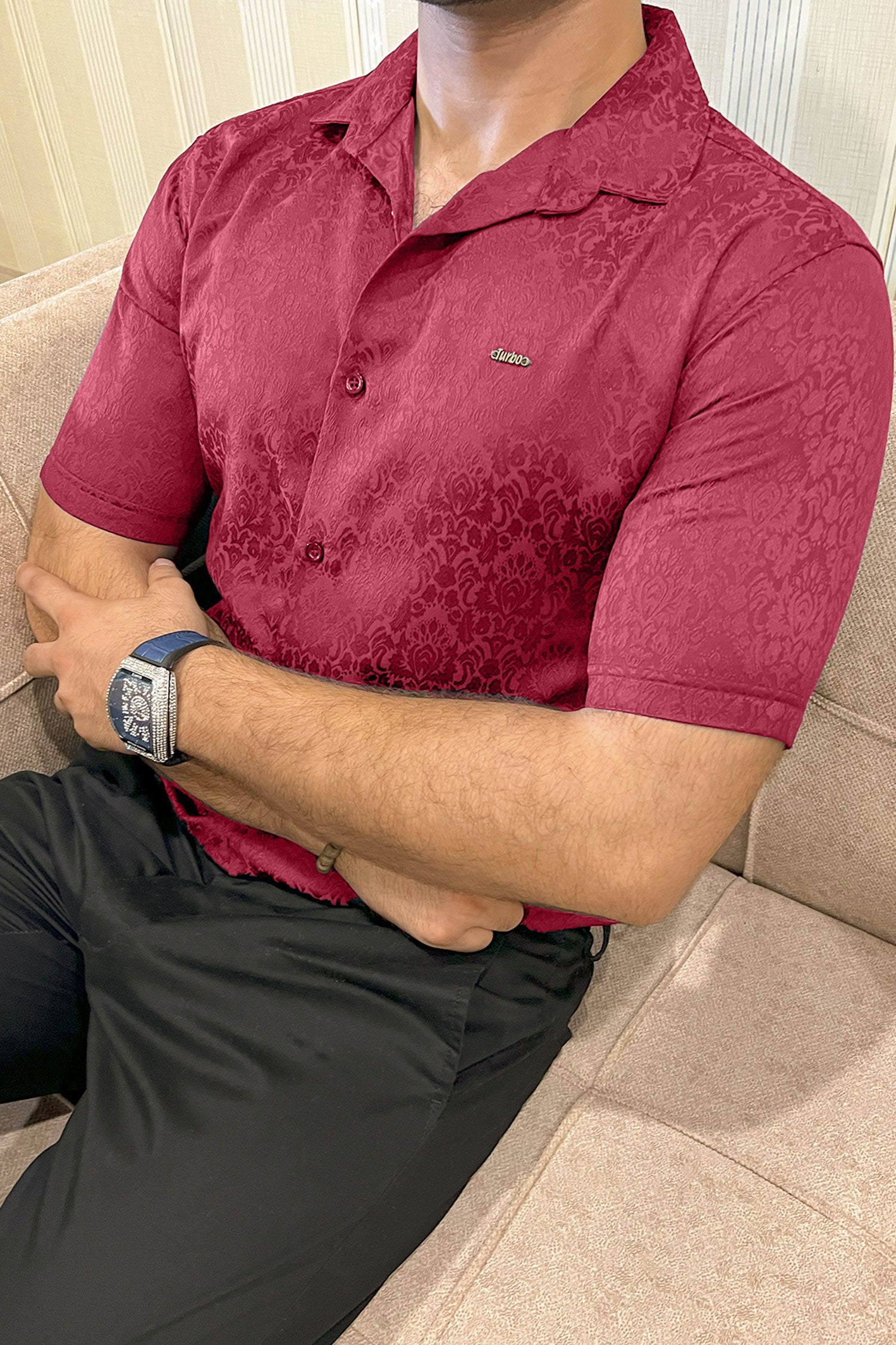 Turbo Designer Motif Floral Casual Shirt In Maroon