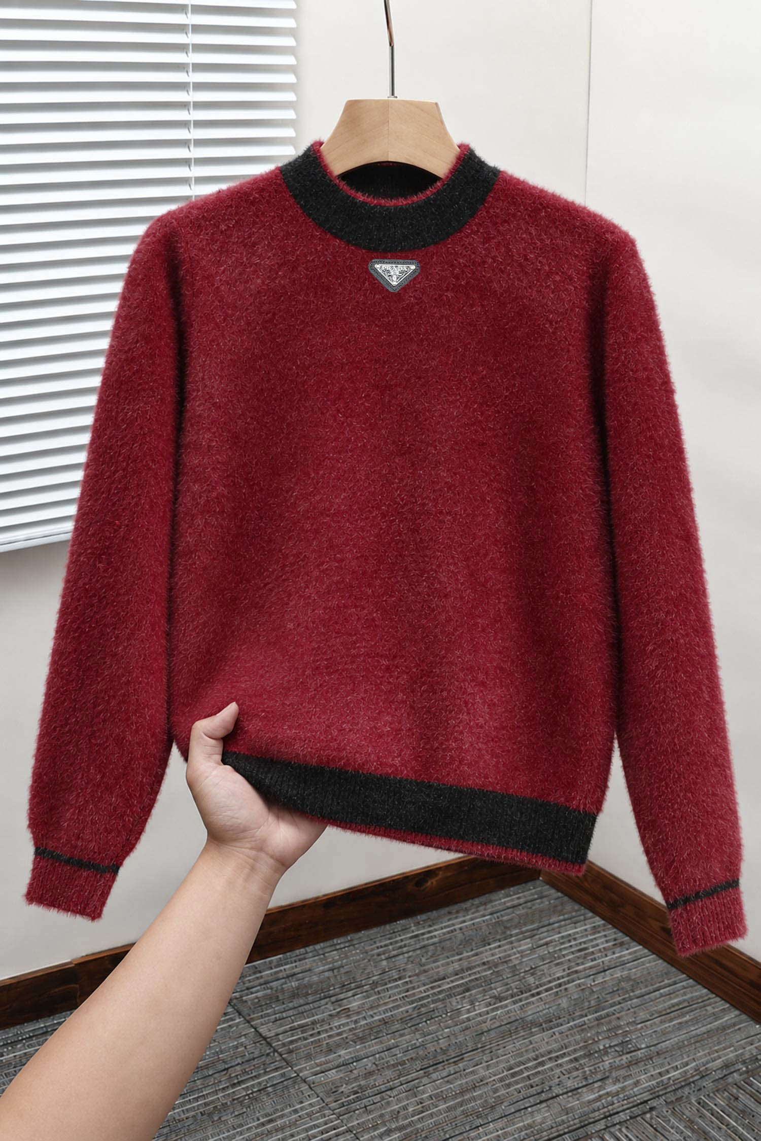 Prda Long Sleeve Pullover Imported Round Neck Rabbit Wool Men's Sweater In Maroon