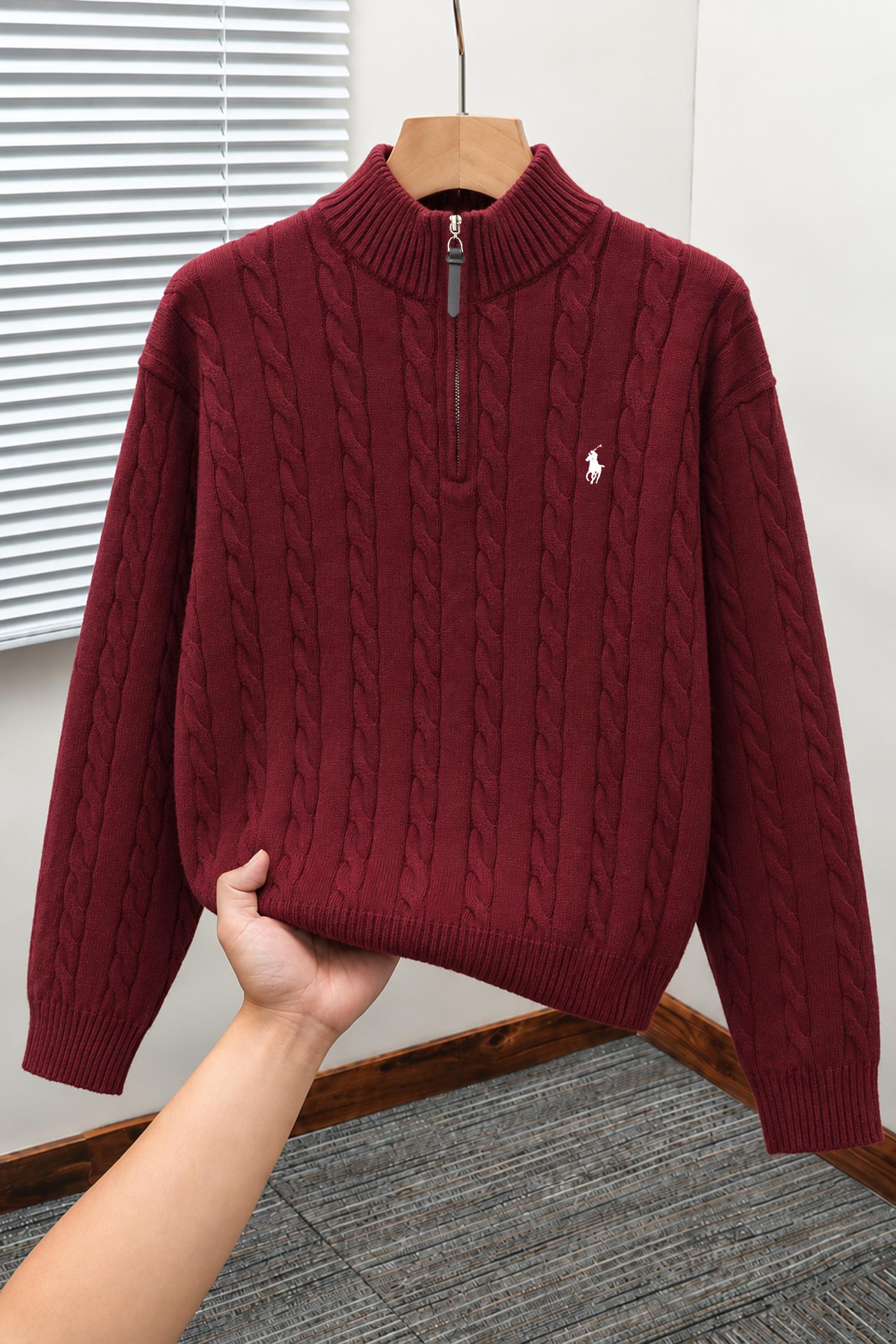 Polo Pony Half-Zip Cable Knit Texture Imported Men's Jumper Sweater In Maroon