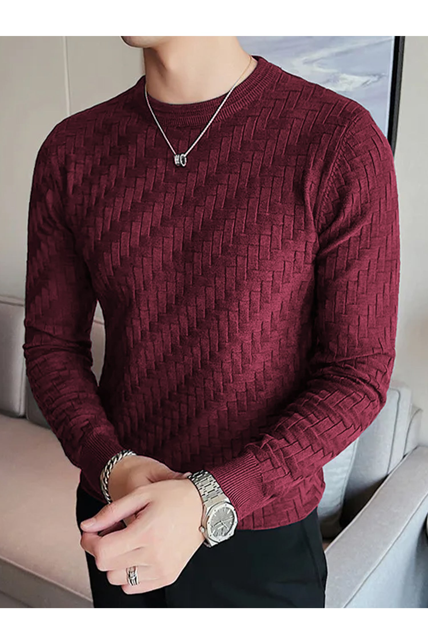 Mountain Friendly Cable Knit Sweater Style Crew Neck Men's Sweatshirt In Maroon