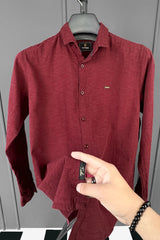 Turbo Dobby Textured Long Sleeve Cotton Casual Shirt In Maroon