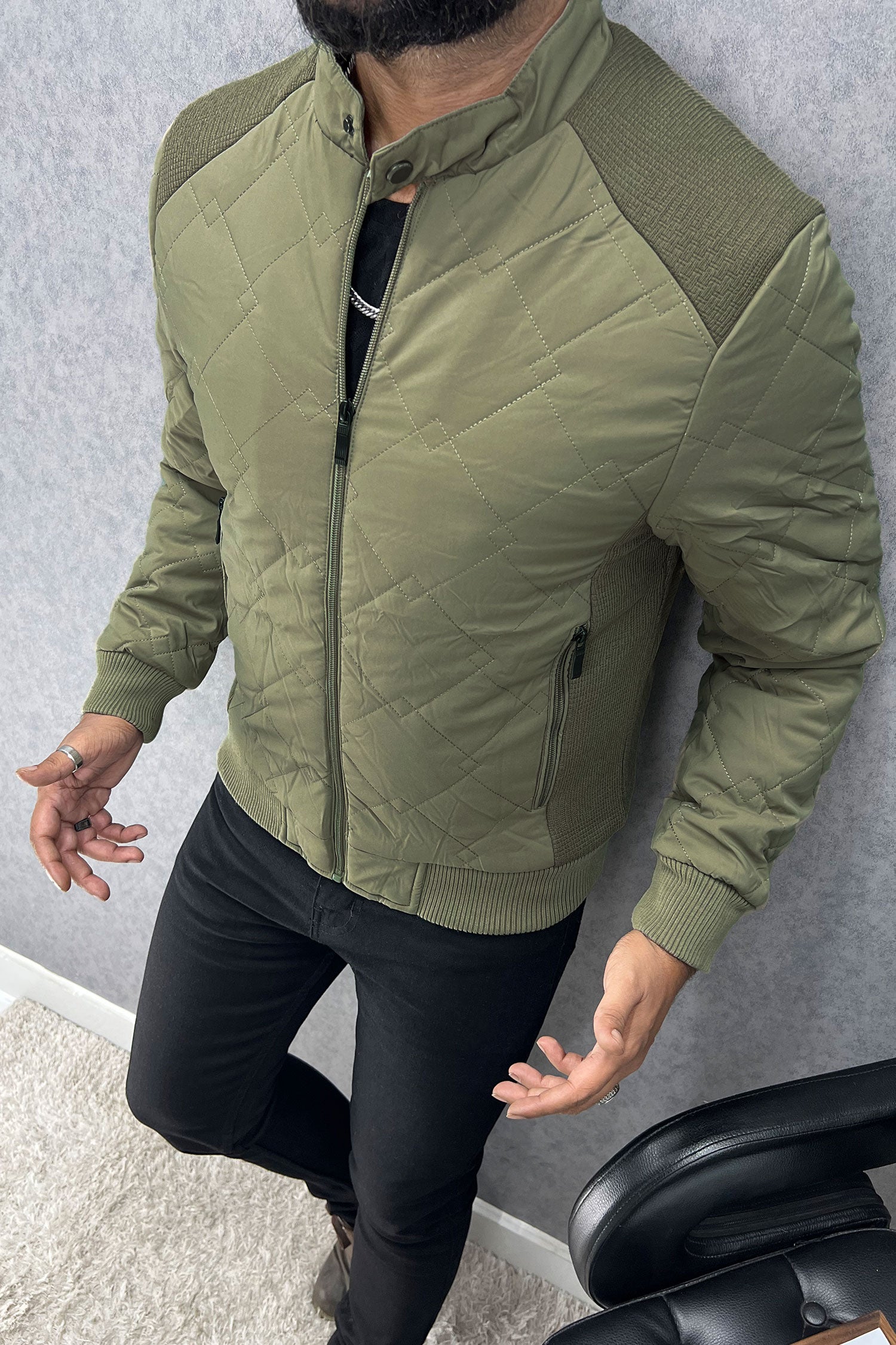 Block Stitch Texture Padded Imported Puffer Jacket