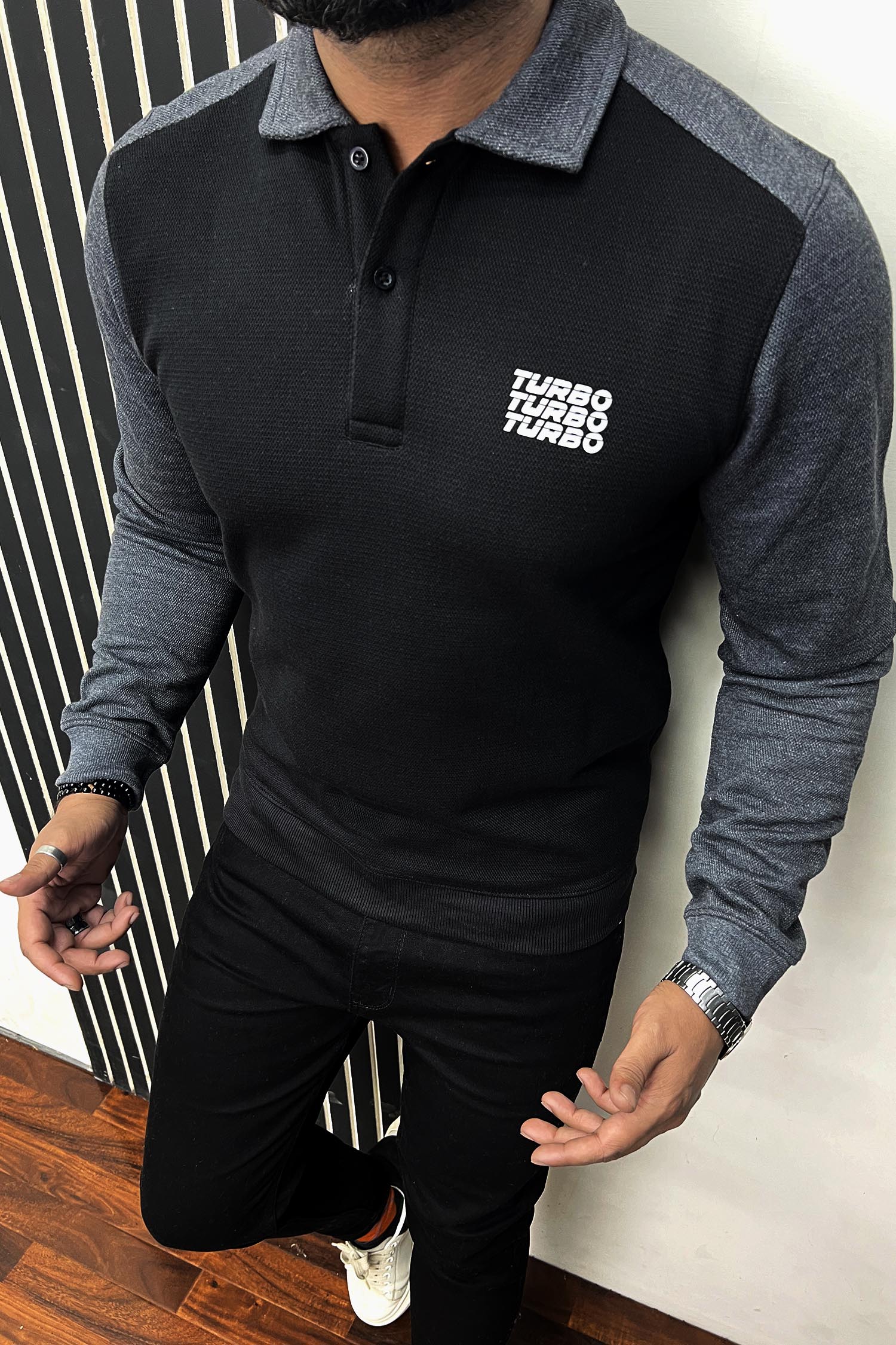 Turbo Printed Logo Cropped Collar Sweatshirt In Black