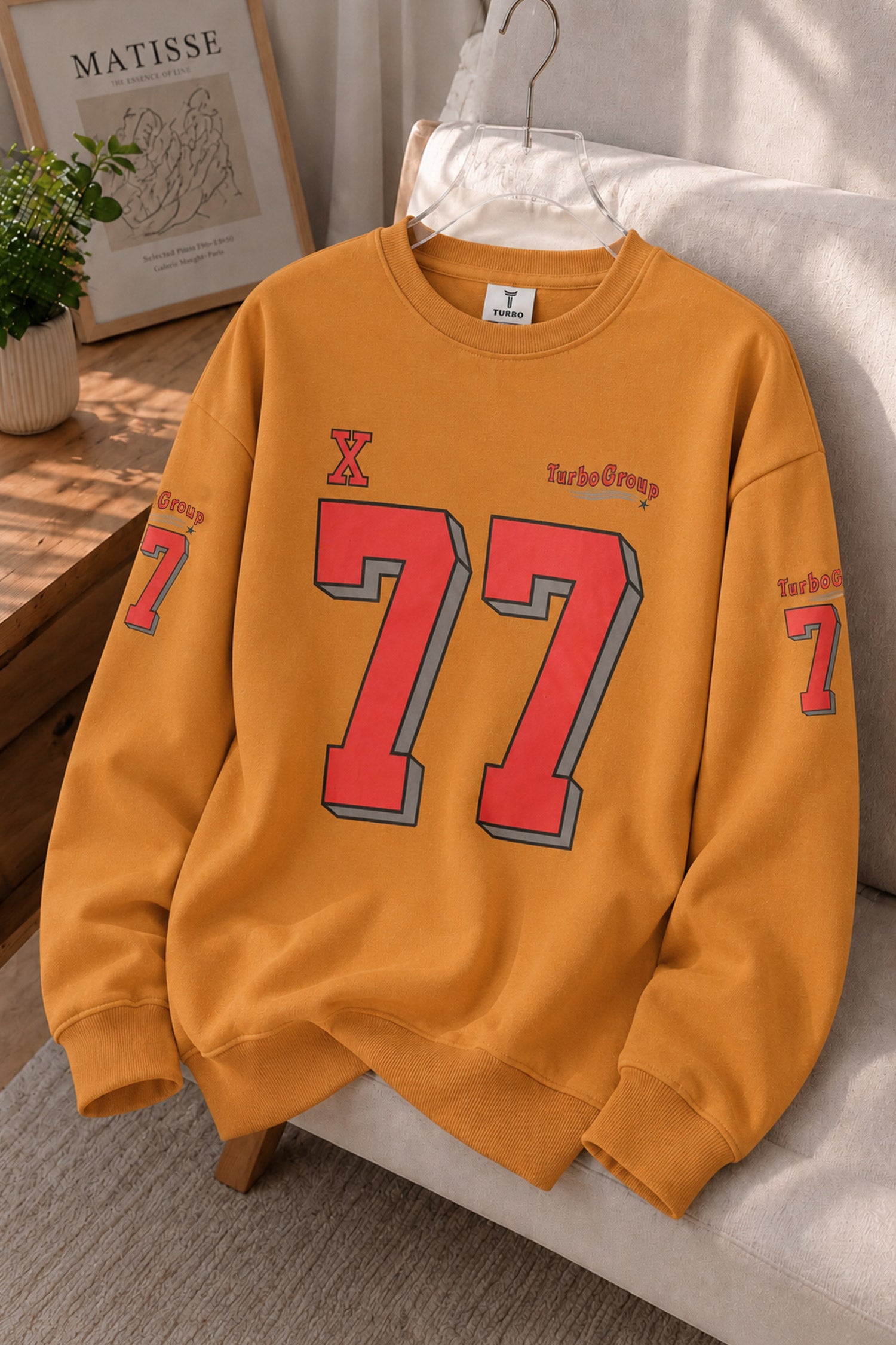 Turbo "77" Graphic Oversize Round Neck Men's Sweatshirt In Mustard