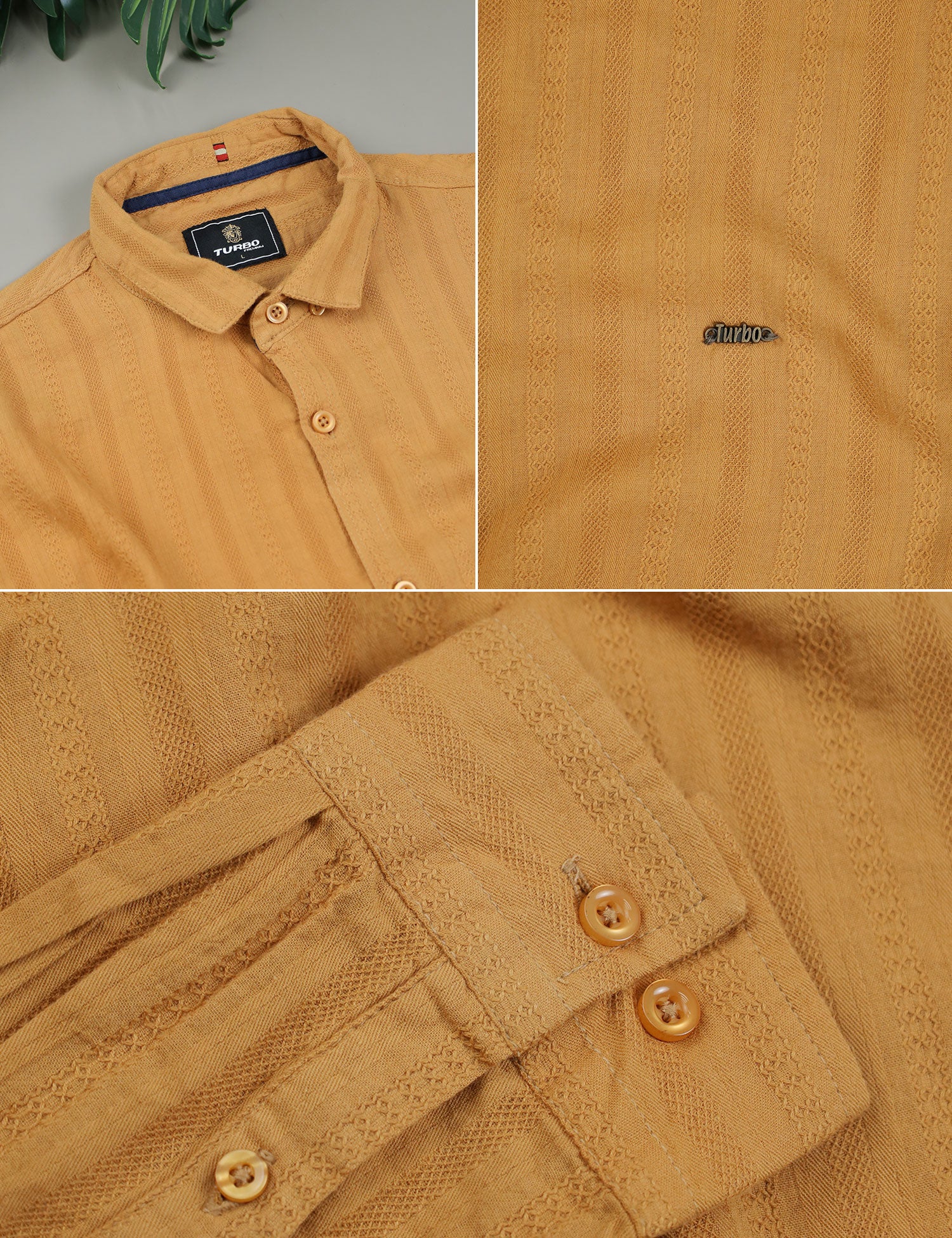Turbo Self Stripe Motif Long Sleeve Cotton Casual Shirt In Mustard