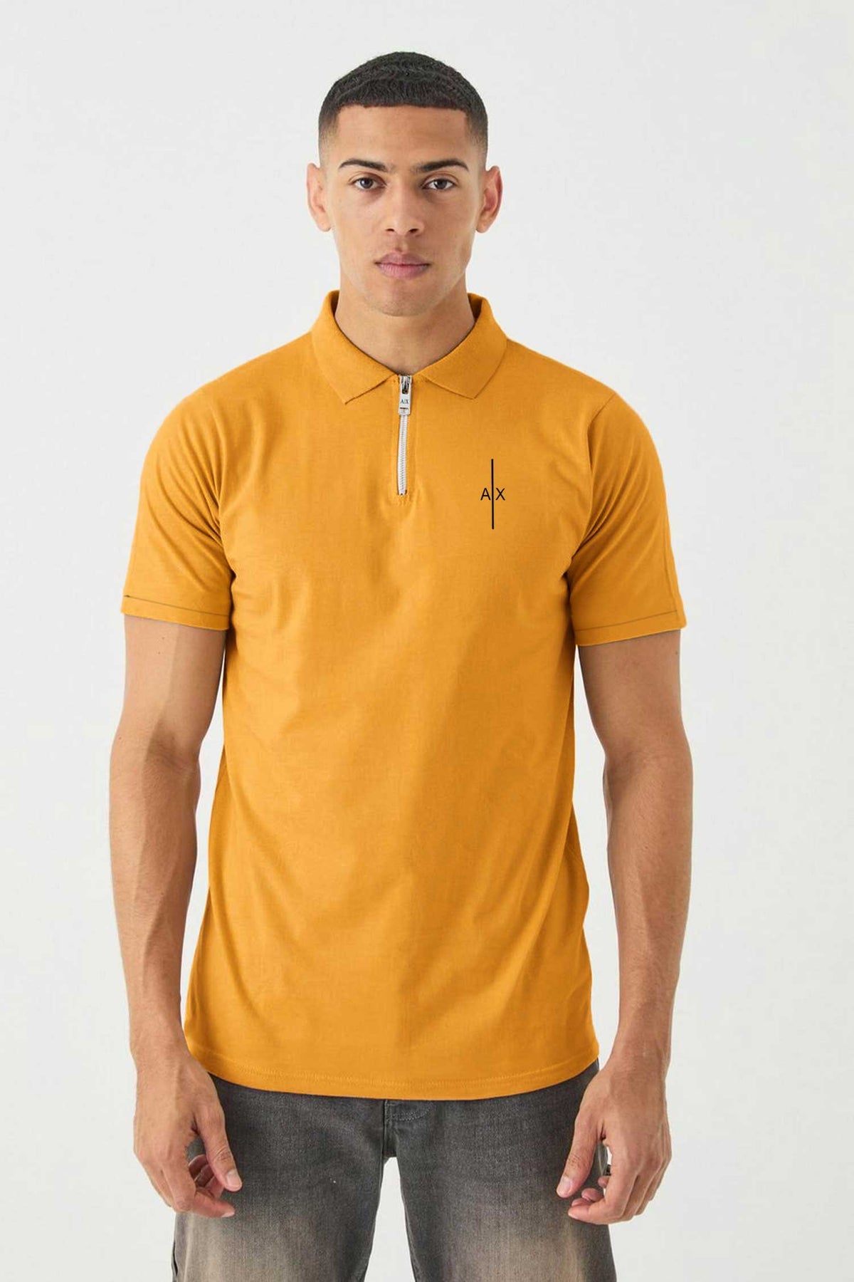Armni Icon Stripe Zip-Placket Men's Polo Shirt In Mustard