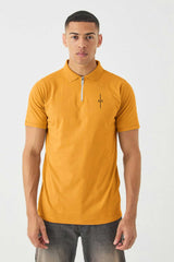 Armni Icon Stripe Zip-Placket Men's Polo Shirt In Mustard