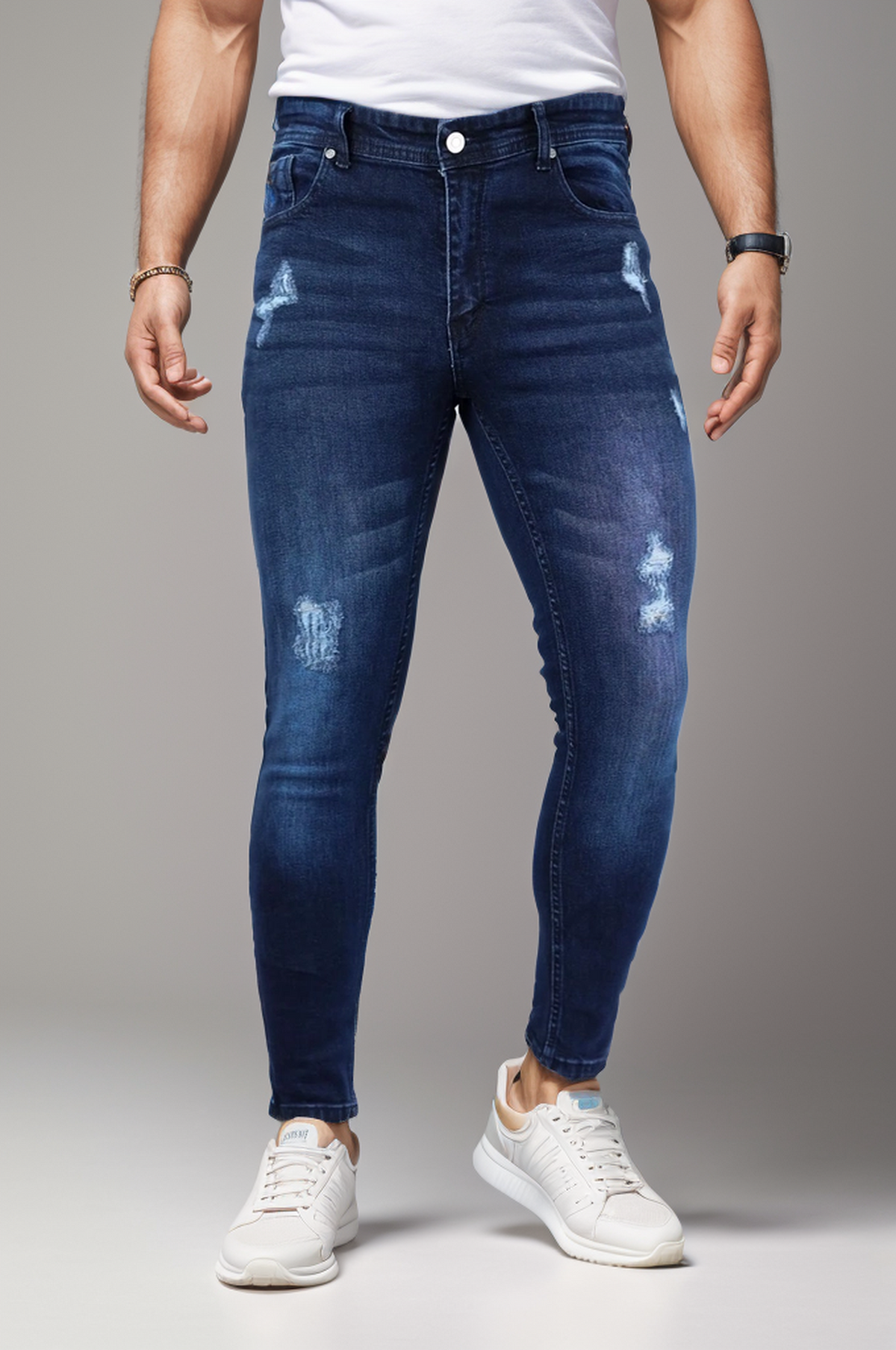 Ripped Ankle Fit Turbo Jeans In Dark Blue