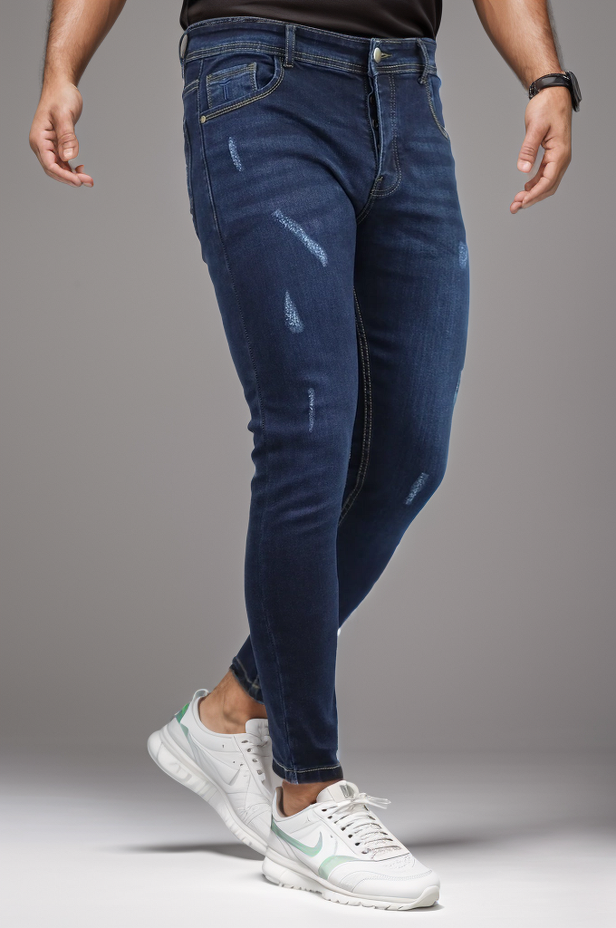 Ankle Fit Ripped Turbo Jeans In Dark Navy