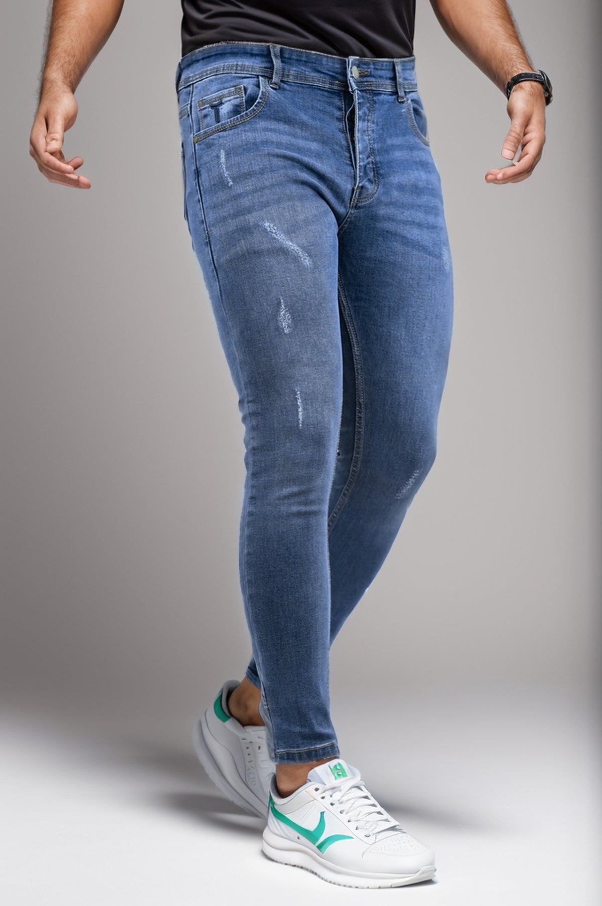 Ankle Fit Ripped Turbo Jeans In Mid Blue