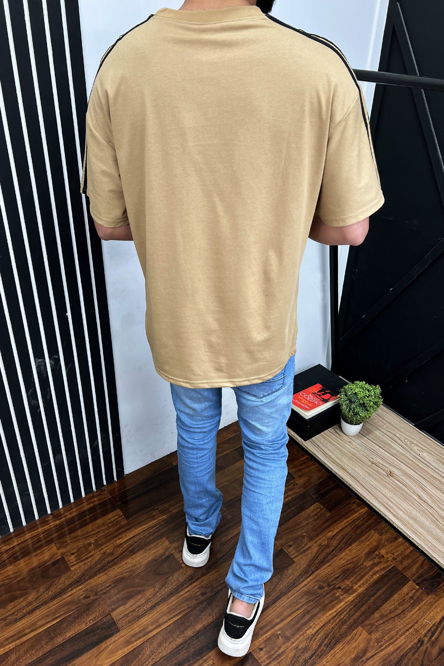 3 Stripe Design Oversized T-Shirt In Light Camel