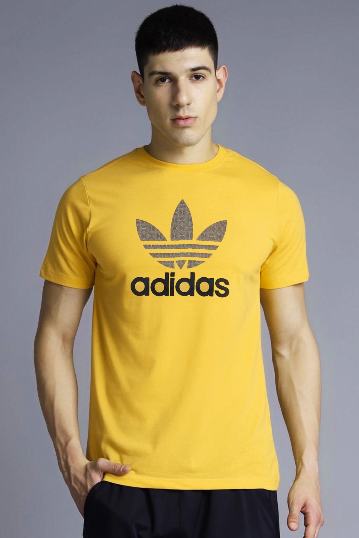 Adds Blend Trefoil Round Imported Neck T-Shirt In Mustard Yellow