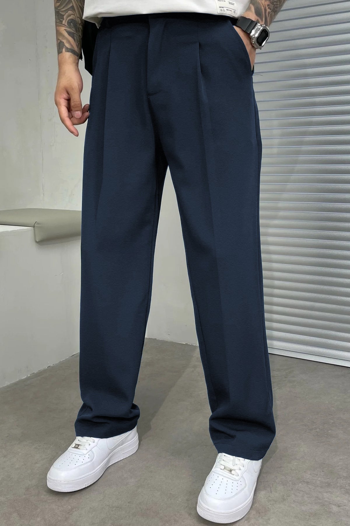 Loose Bottom Men's Stripe line Cotton Pant In Navy Blue