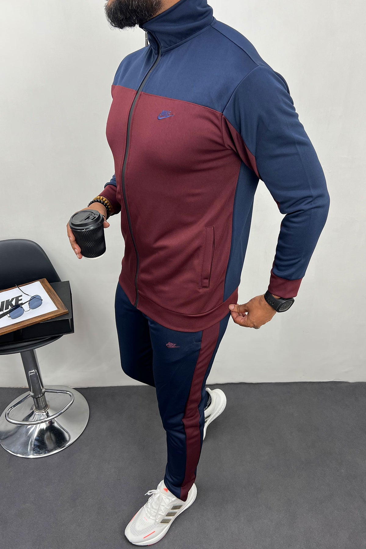 Nke Color-Block Mock Neck Fine Interlock Men Zipper Tracksuit In Navy&Maroon
