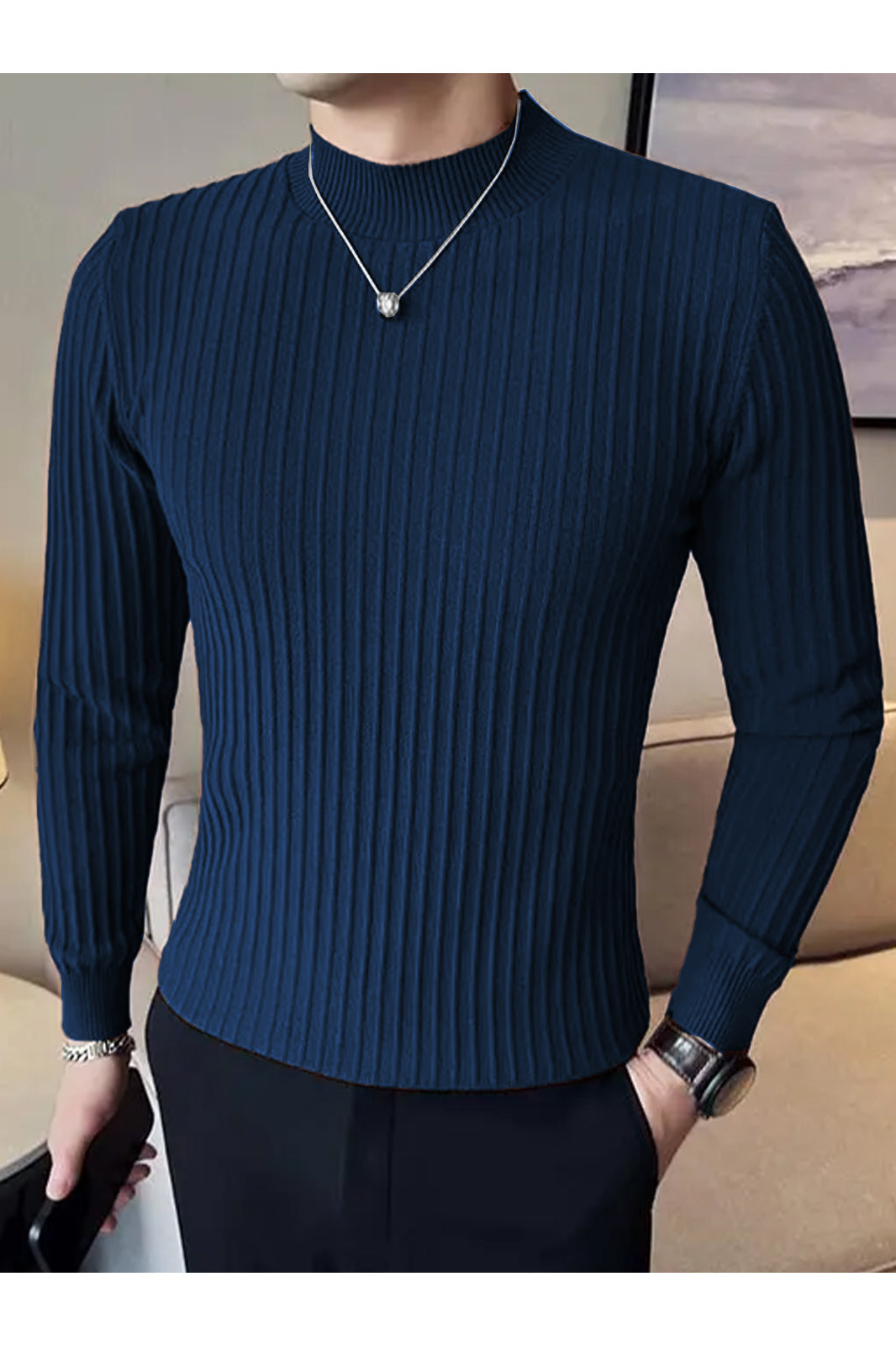 Comfortable Textured Lining Mock Neck Men's Sweatshirt In Navy Blue