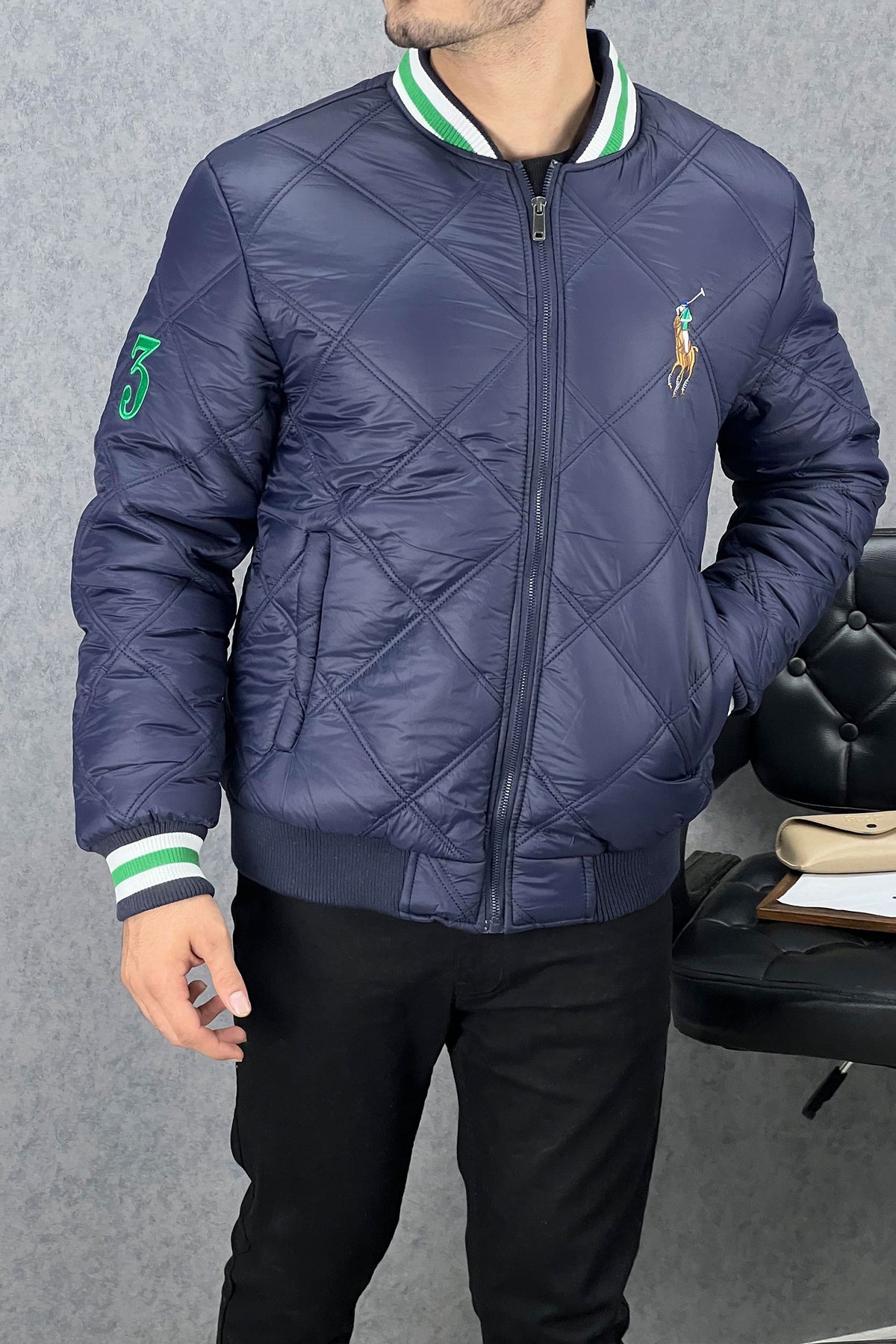 Rph Lren Polo Rib Collar Imported Puffer Jacket In Navy Blue