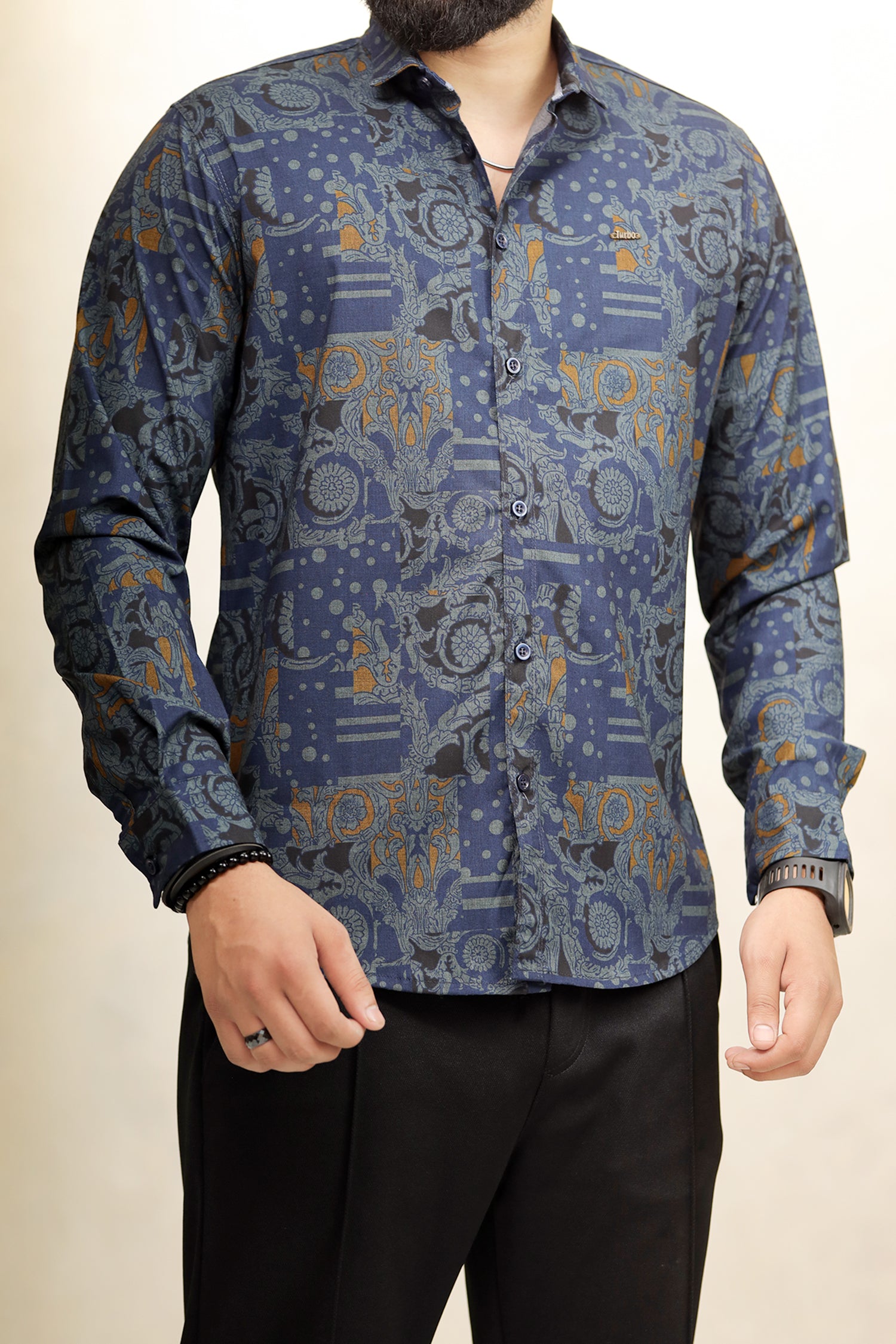 Turbo Retro Flower Motif Long Sleeve Cotton Casual Shirt