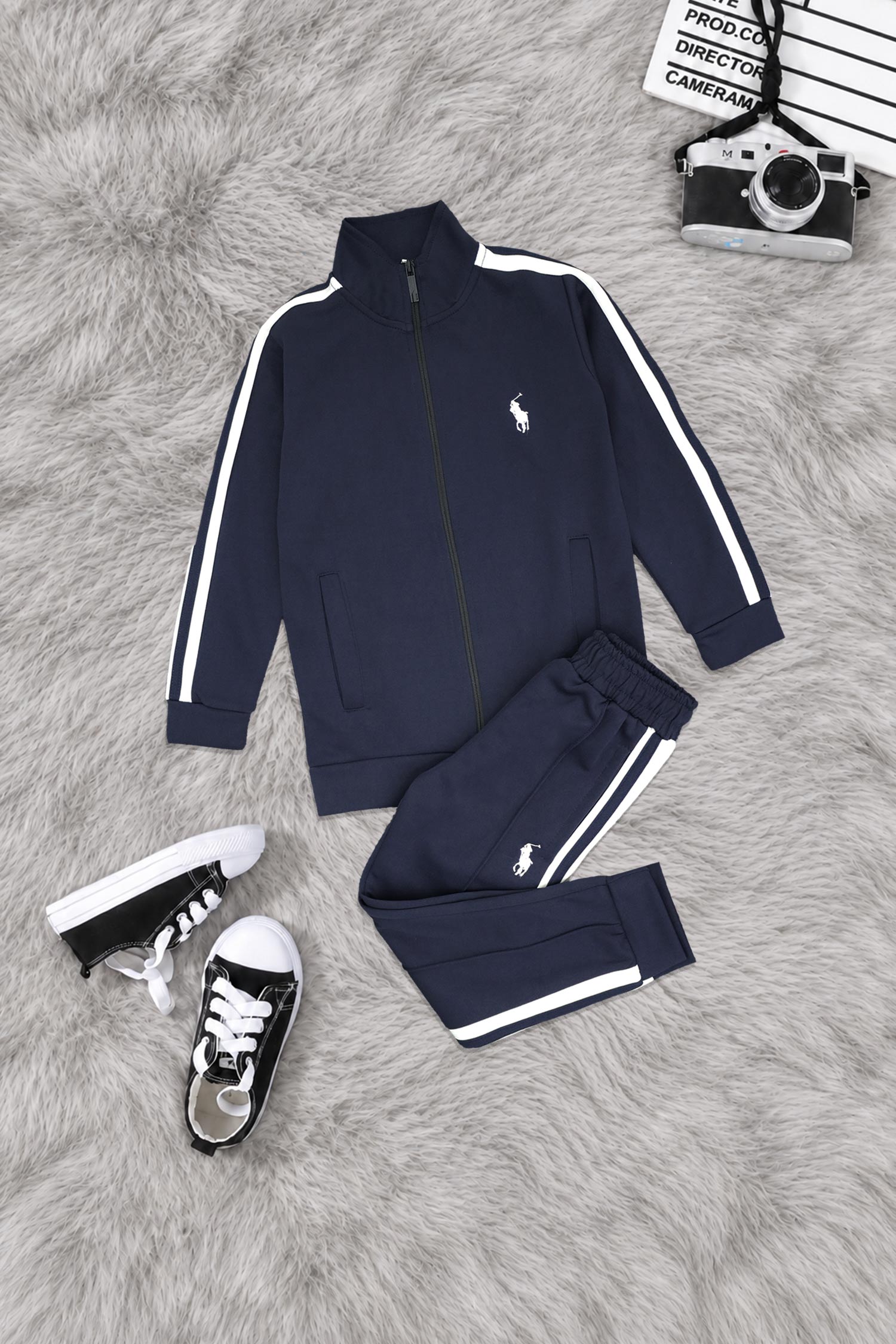 Polo Pony Style Side Stripe Zipper Kid's Co-Ord Set In Navy Blue