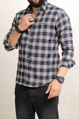 Turbo Tattersall Checkered Long Sleeve Cotton Casual Shirt In Navy Blue