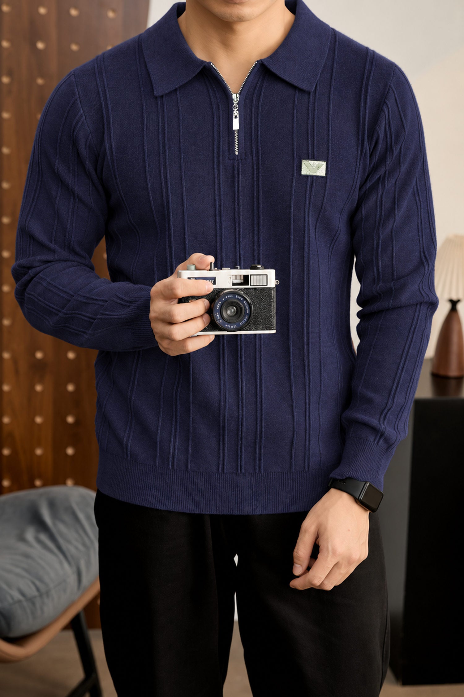 Armni Fine-Knit Collared Zipper Imported Men's Jumper Sweater In Navy Blue