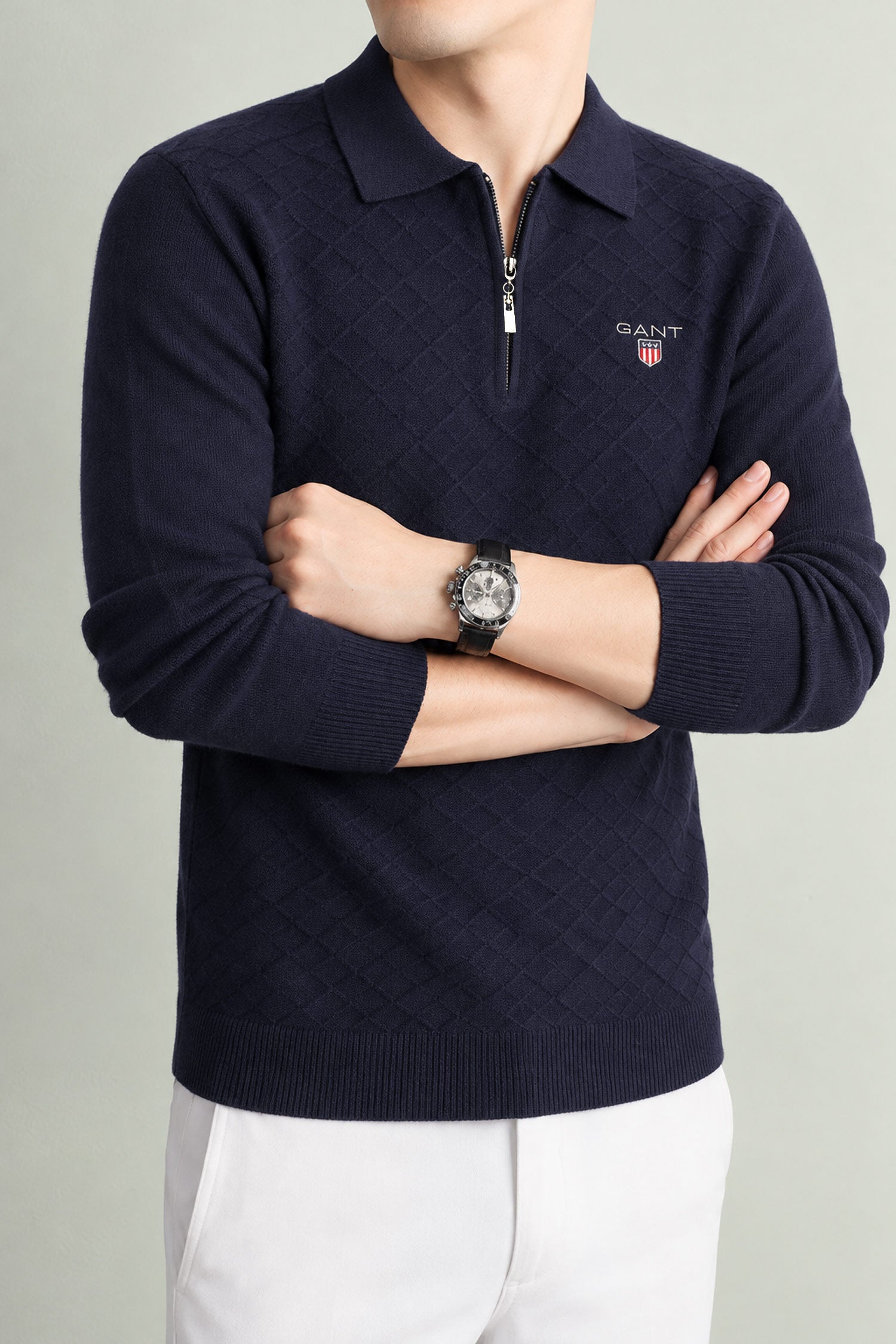 Gnt Diamond Textured Quarter-Zip Imported Men's Jumper Sweater In Navy Blue