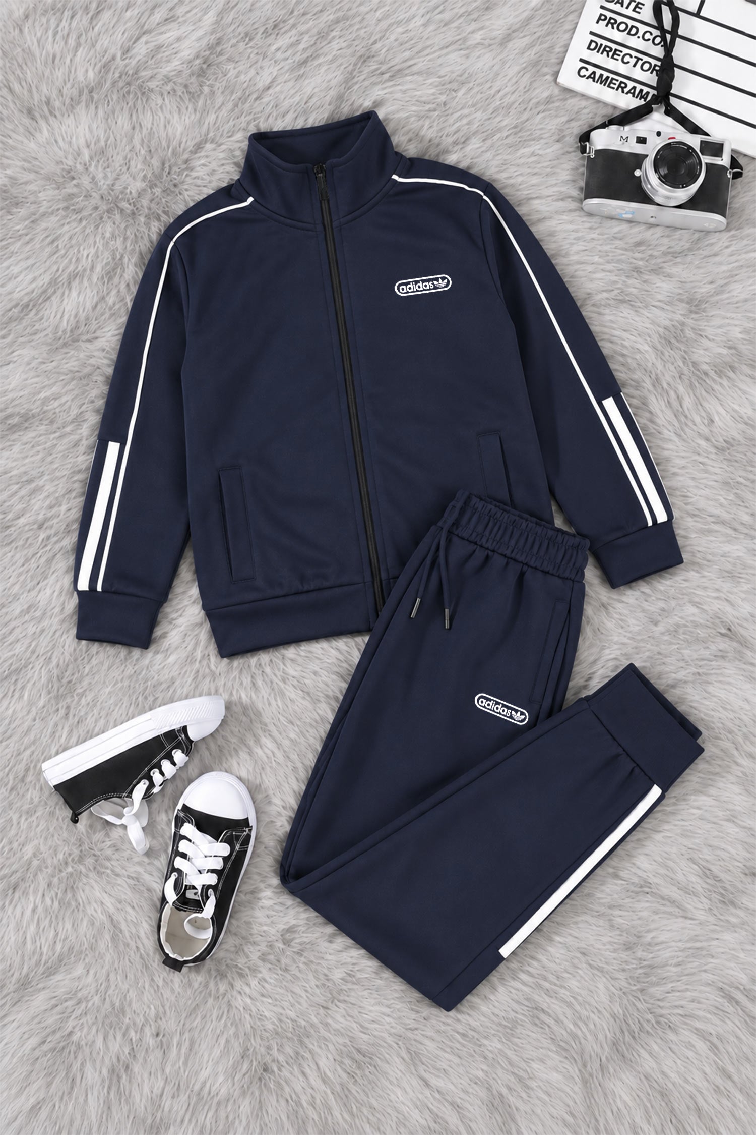 Adds Classic-Retro Lining Zipper Kid's Co-Ord Set In Navy Blue