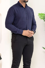 Turbo Self Stripe Motif Long Sleeve Cotton Casual Shirt In Navy Blue