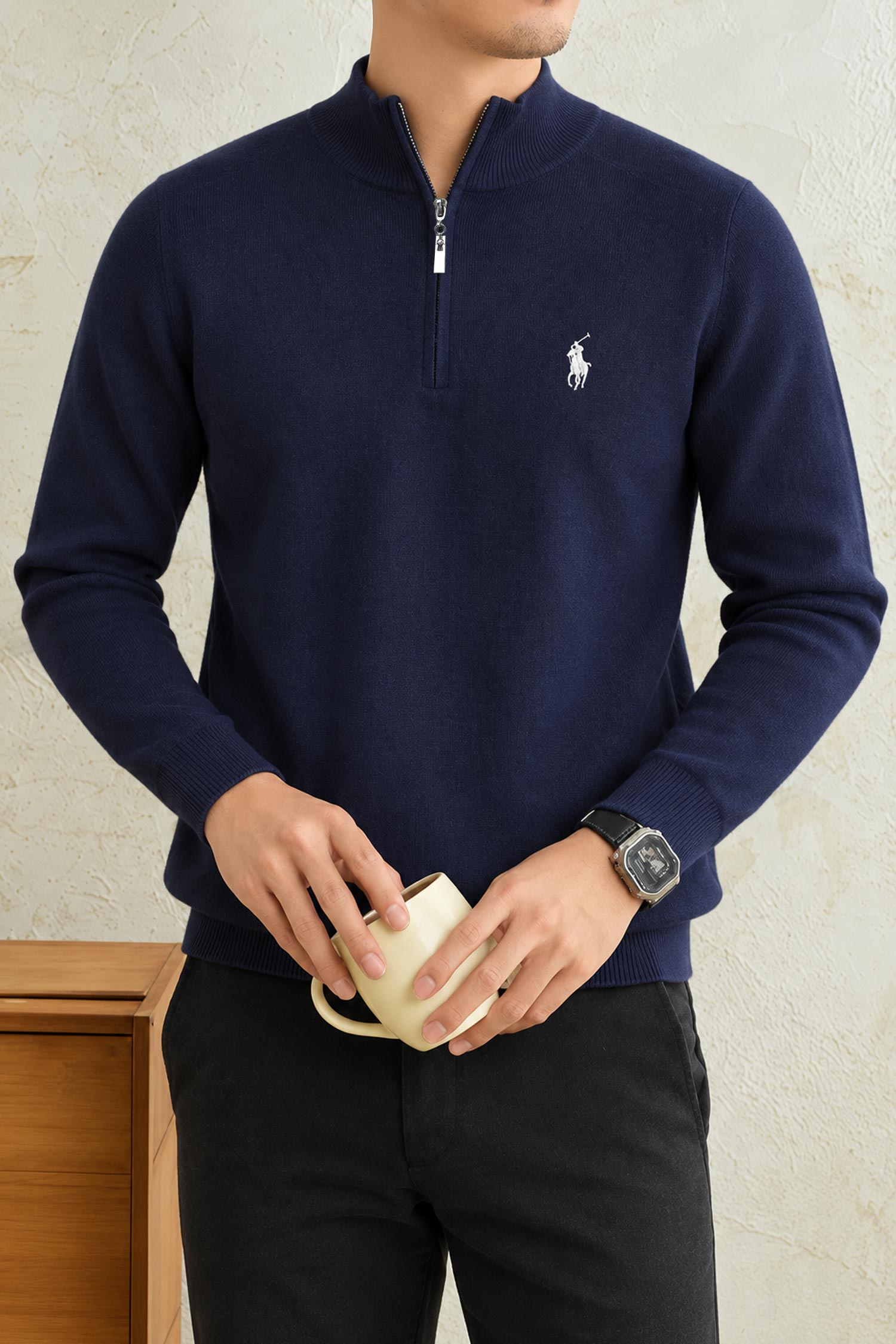 Polo Mock Neck Pullover Half-Knit Zip Imported Men's Jumper Sweater In Navy Blue