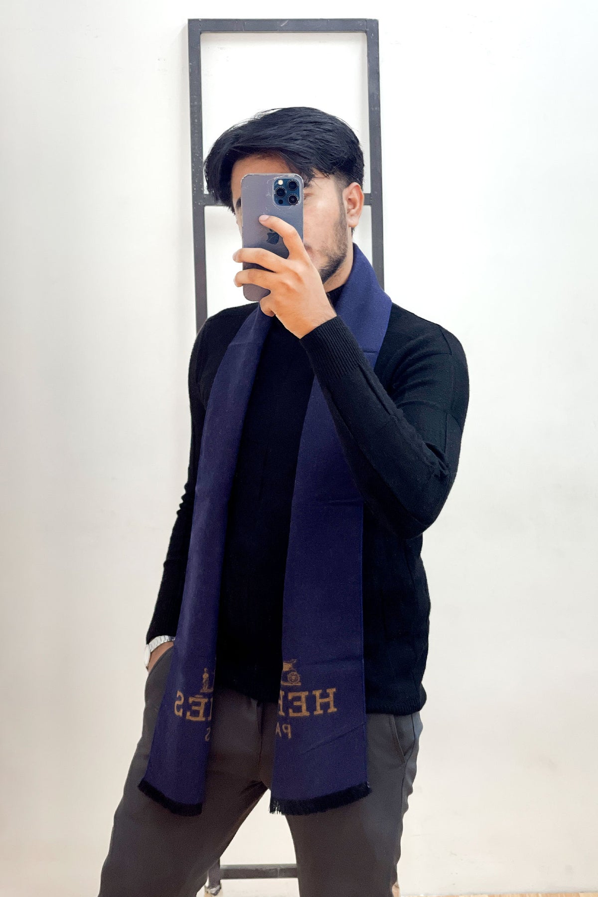 Hrmes Cashmere Fringe Iconic Wool Men Mufflers In Navy Blue