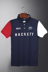 Hackt Lndon Aston Martin Racing Contrast Sleeve Men's Polo Shirt In Navy Blue