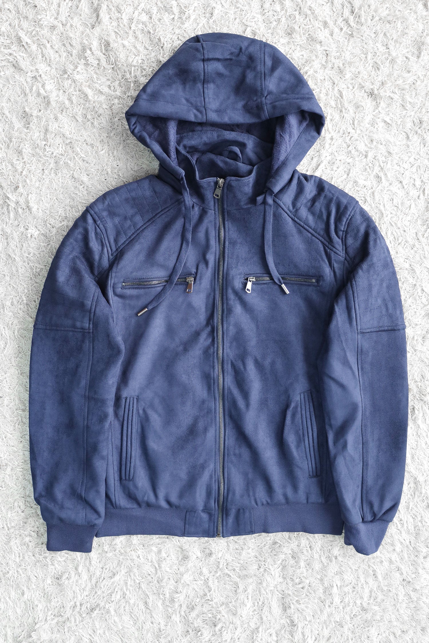 Epic Classic Hooded Zipper Men's Suede Jacket In Navy Blue