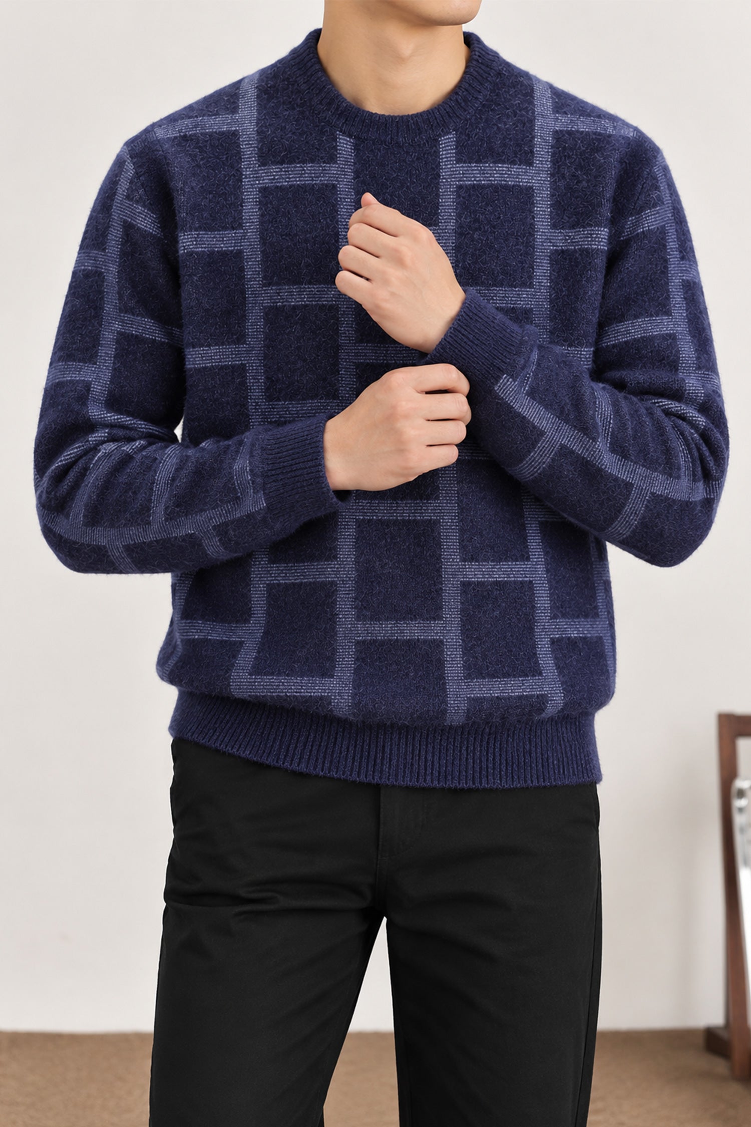 Brick Design Pattern Imported Round Neck Rabbit Wool Men's Sweater In Navy Blue
