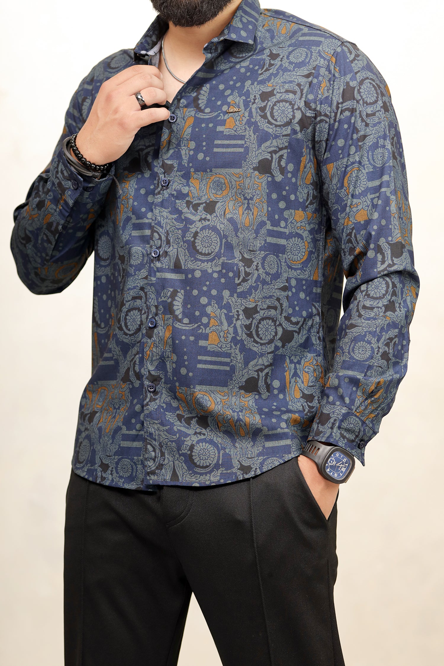 Turbo Retro Flower Motif Long Sleeve Cotton Casual Shirt