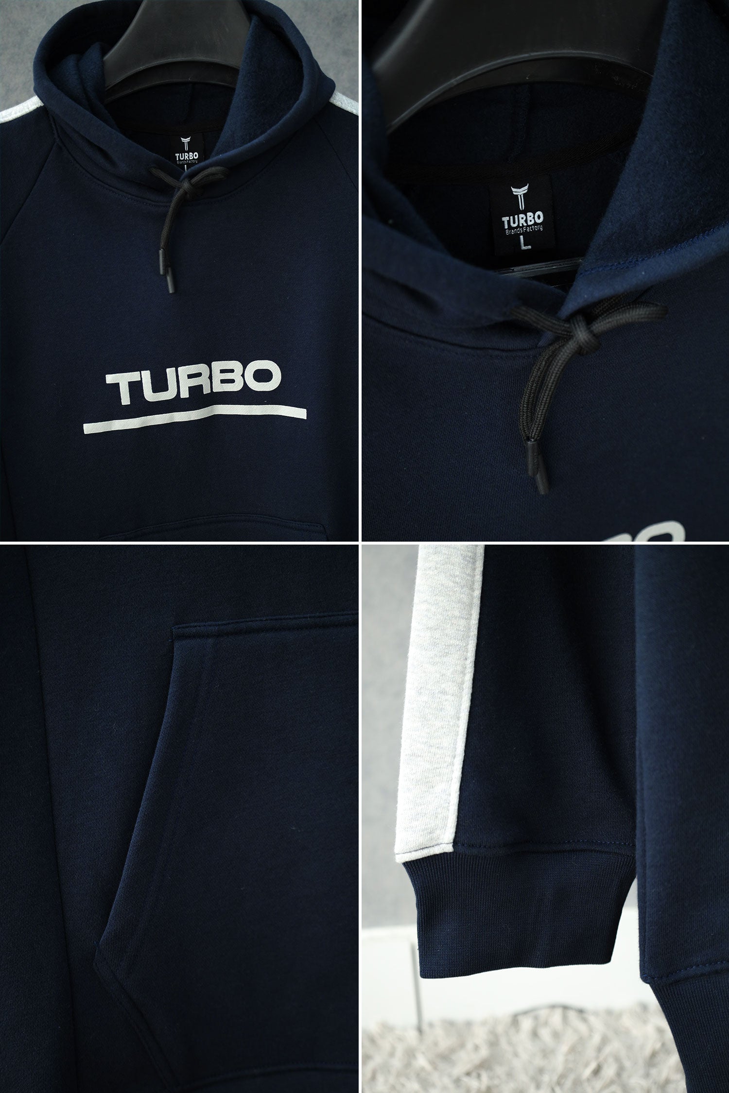 Turbo Panel Stripe Warm Fleece Hoodie In Navy Blue