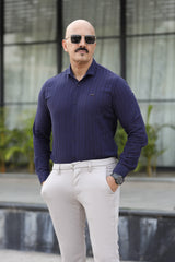 Turbo Self Stripe Motif Long Sleeve Cotton Casual Shirt In Navy Blue