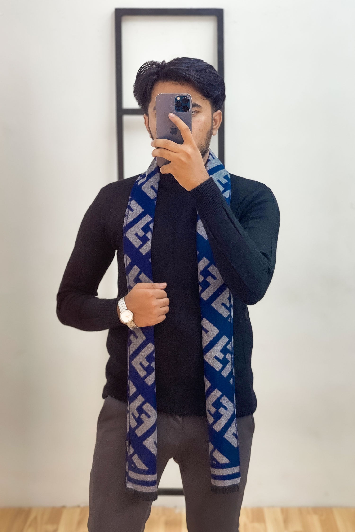 Fndi Letter Imitation Warm Wool Men Mufflers In Navy Blue