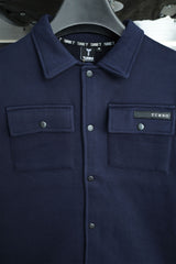 Front Flap Pocket Collar Motif Waffle Knit Jacket In Navy Blue