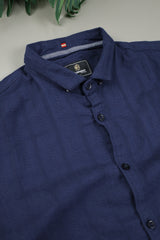 Turbo Self Stripe Motif Long Sleeve Cotton Casual Shirt In Navy Blue