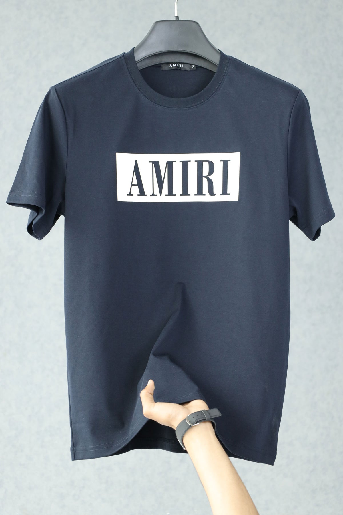 Amri MA Bar Applique Imported Round Neck T-Shirt In Navy Blue
