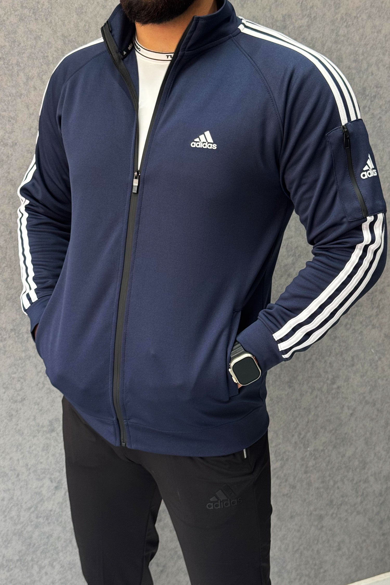 Adds Arm Pocket Style Men Zipper Upper In Navy Blue