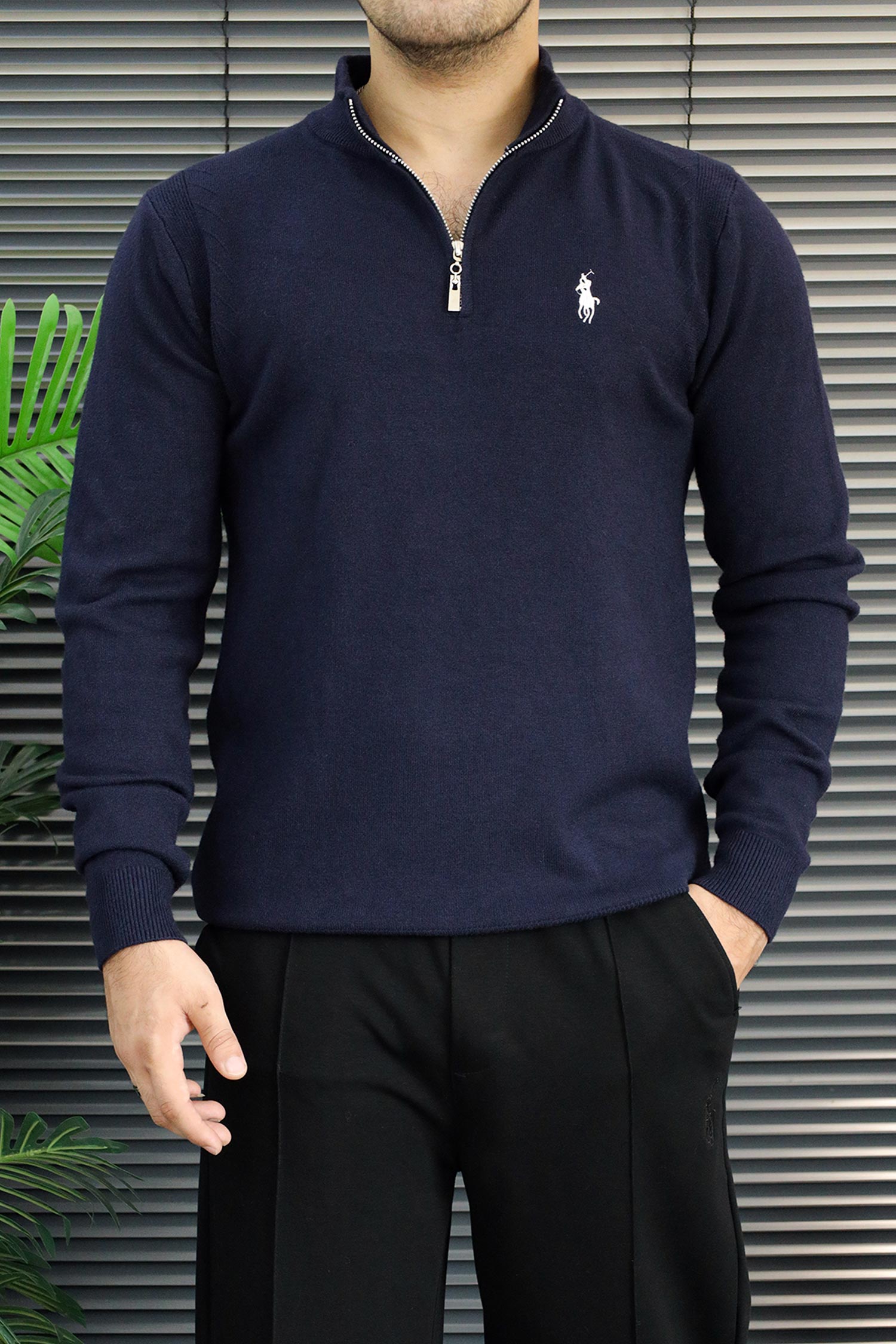 Polo Mock Neck Pullover Half-Knit Zip Imported Men's Jumper Sweater In Navy Blue