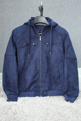 Epic Classic Hooded Zipper Men's Suede Jacket In Navy Blue