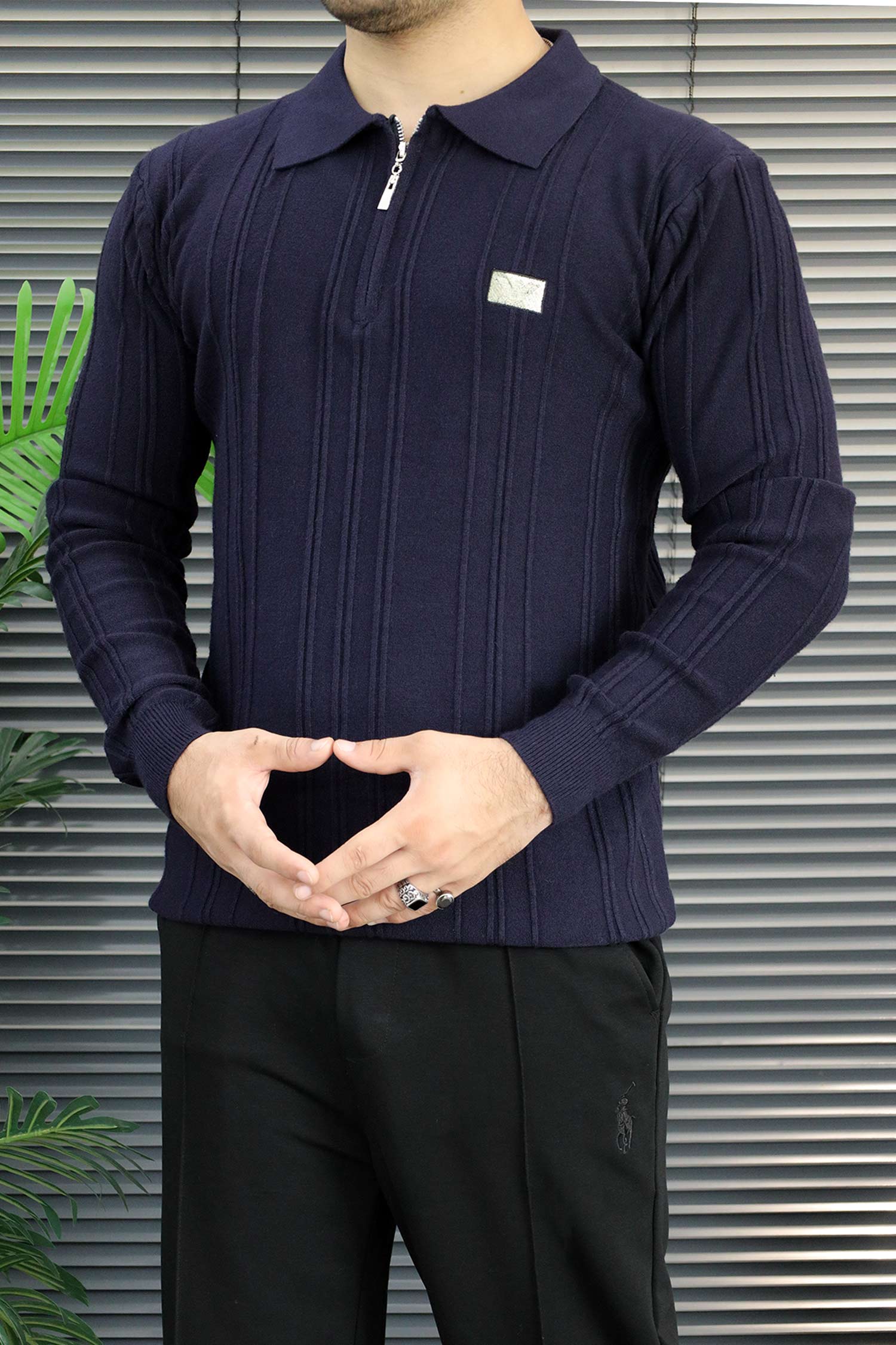 Armni Fine-Knit Collared Zipper Imported Men's Jumper Sweater In Navy Blue