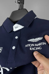 Hackt Lndon Aston Martin Racing Contrast Sleeve Men's Polo Shirt In Navy Blue