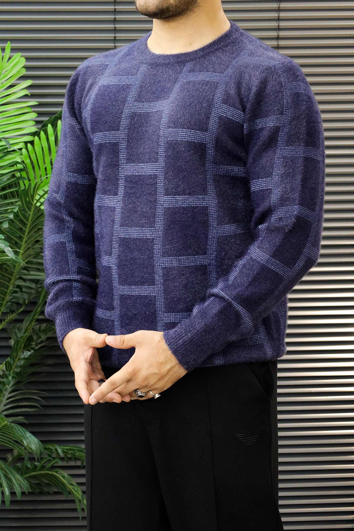 Brick Design Pattern Imported Round Neck Rabbit Wool Men's Sweater In Navy Blue