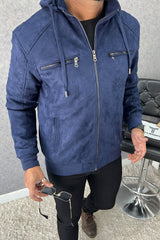 Epic Classic Hooded Zipper Men's Suede Jacket In Navy Blue