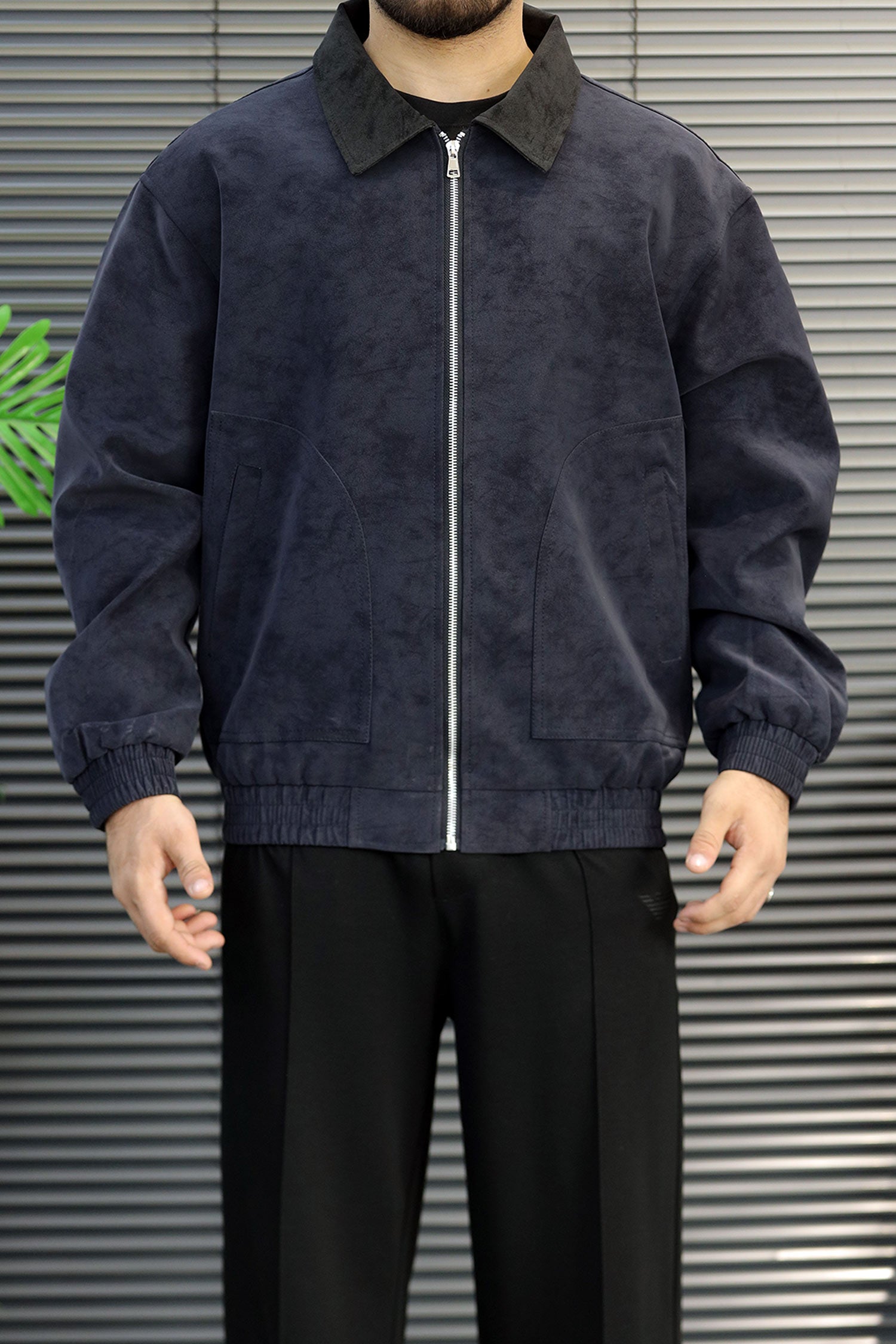 Men's Vintage Harrington Imported Suede Leather Jacket In Navy Blue