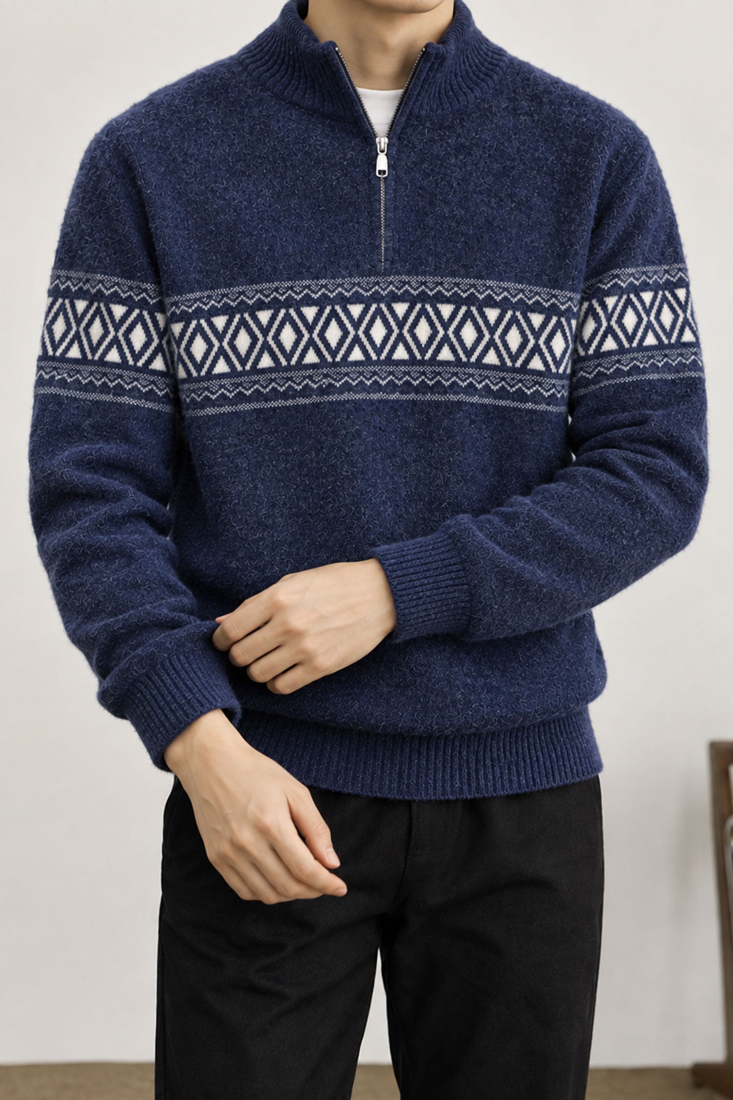 Men's Chunky Half Zipper Knit Imported Rabbit Wool Men's Sweater In Navy Blue